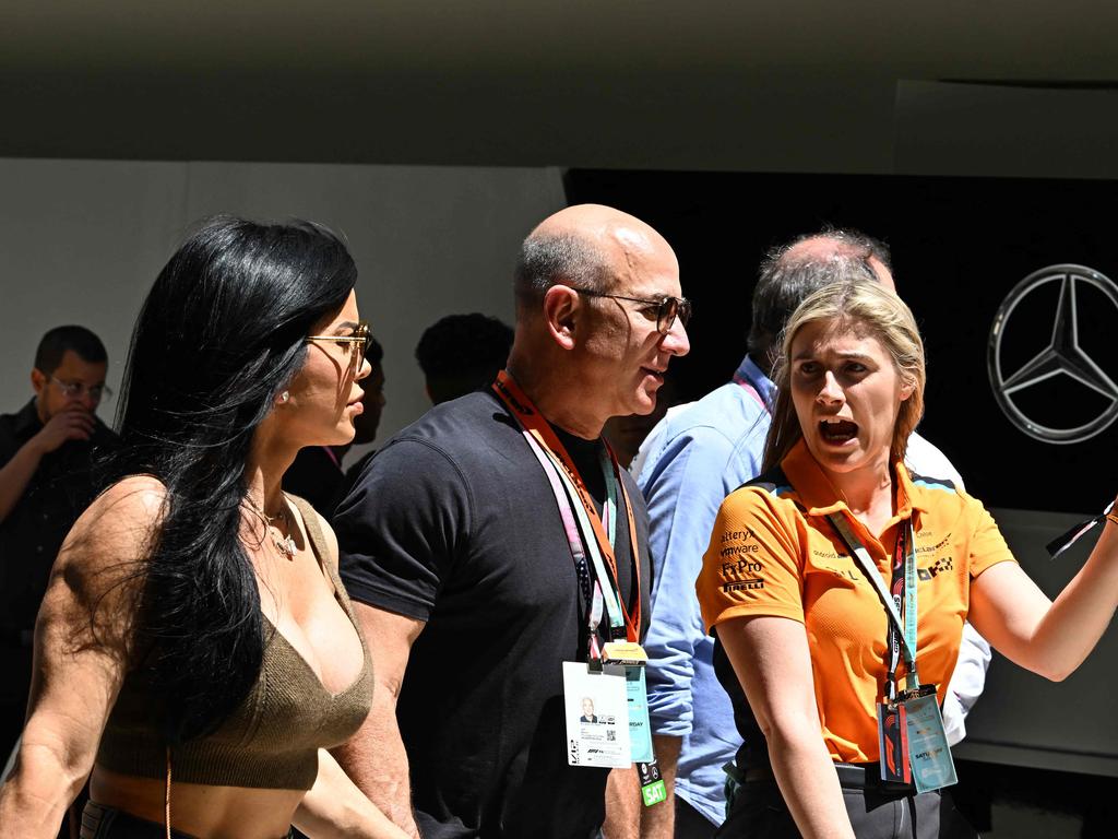 Jeff Bezos with partner Lauren Sanchez. Picture: Chandan Khanna/AFP