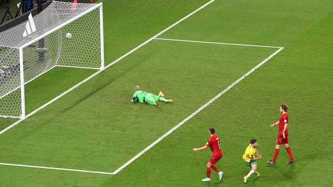 Mathew Leckie celebrates after scoring against Denmark. Picture: Robert Cianflone/Getty Images