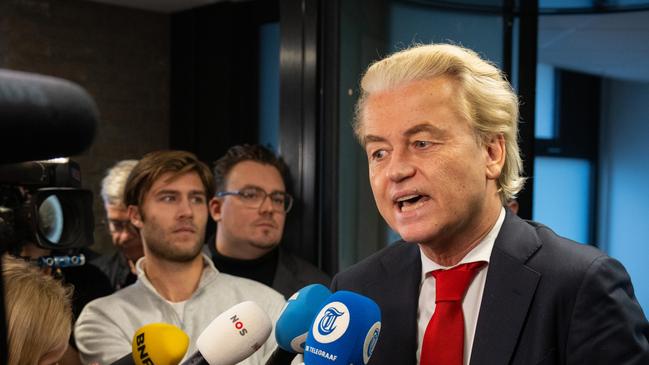 THE HAGUE, NETHERLANDS - NOVEMBER 24: Geert Wilders, Dutch right-wing politician and leader of the Party for Freedom (PVV), speaks to the media during a break in negotiations with other party leaders to form a governing a coalition government following Wilders' victory in Wednesday's general election, on November 24, 2023 in The Hague, Netherlands. The Netherlands' right-wing, anti-EU leader Geert Wilders won the most votes in parliamentary elections on November 22, and will now face the country's political parties to form a government. (Photo by Carl Court/Getty Images)