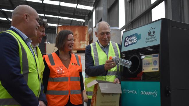 Ben Kearney, chair of TasRecycle, James Dorney, CEO TOMRA Cleanaway, Jo-Anne Fearman, City Mission CEO, Environment Minister Nick Duigan. Launching Recycle Rewards, Tasmania container deposit scheme. Picture: Supplied