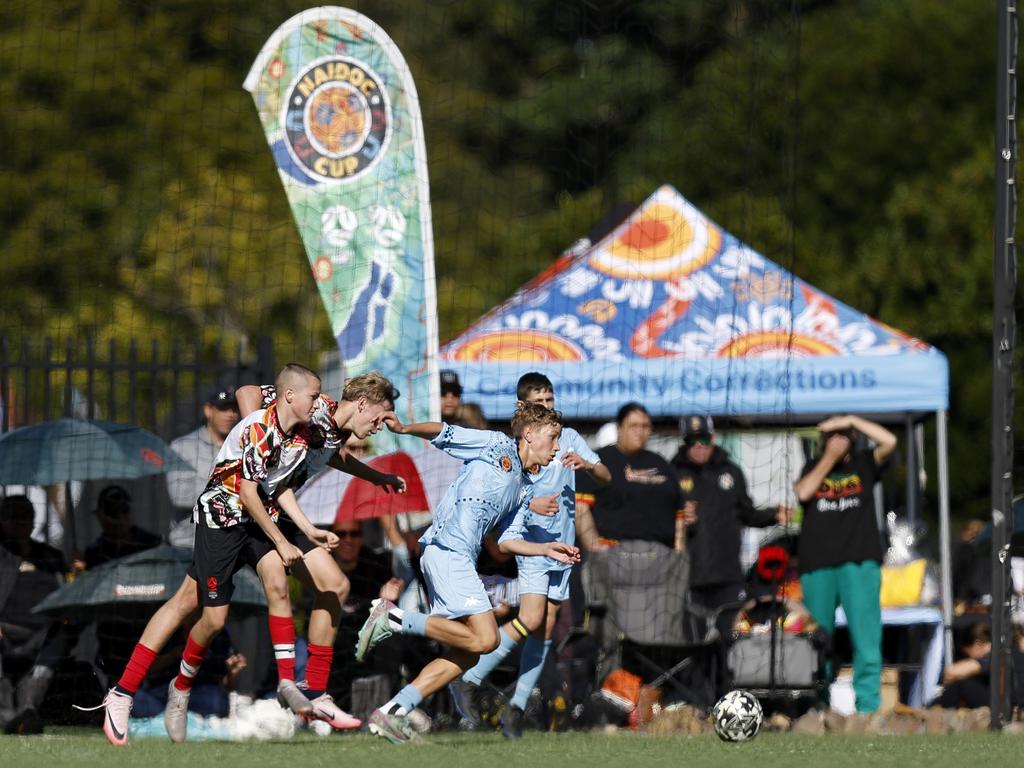 Tyler Hawkett on the move, U14 Boys NAIDOC Cup at Lake Macquarie Regional Football Facility. Picture: Michael Gorton