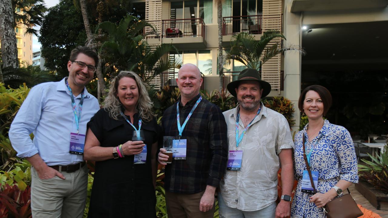 Chad Renando, Tara Jacobsen, Tim McGee, Rob Steffler and Tiffany Bower attend the Tropical Innovation Festival in Cairns. Photo: Catherine Duffy.