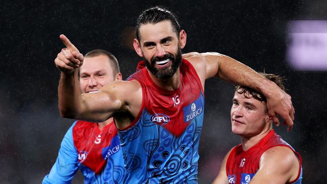 ADELAIDE, AUSTRALIA – MAY 19: Brodie Grundy of the Demons celebrates a goal during the 2023 AFL Round 10 match between Yartapuulti/Port Adelaide Power and Narrm/Melbourne Demons at Adelaide Oval on May 19, 2023 in Adelaide, Australia. (Photo by James Elsby/AFL Photos via Getty Images)