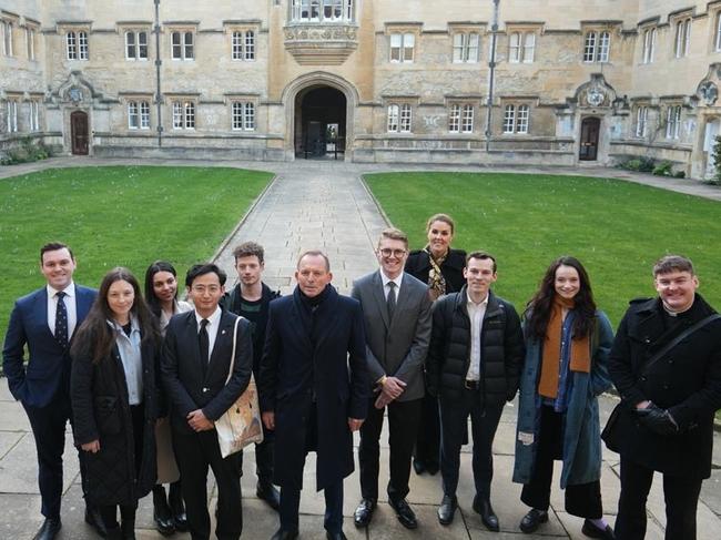 Former Prime Minister Tony Abbott at Oxford University, speaking with students who are recipients of the Ramsay postgraduate scholarships. Picture: Supplied