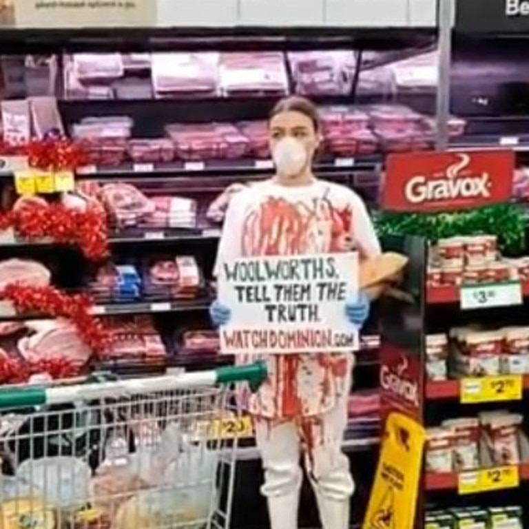 Vegan activist Tash Peterson's Coles, Woolworths Christmas protest