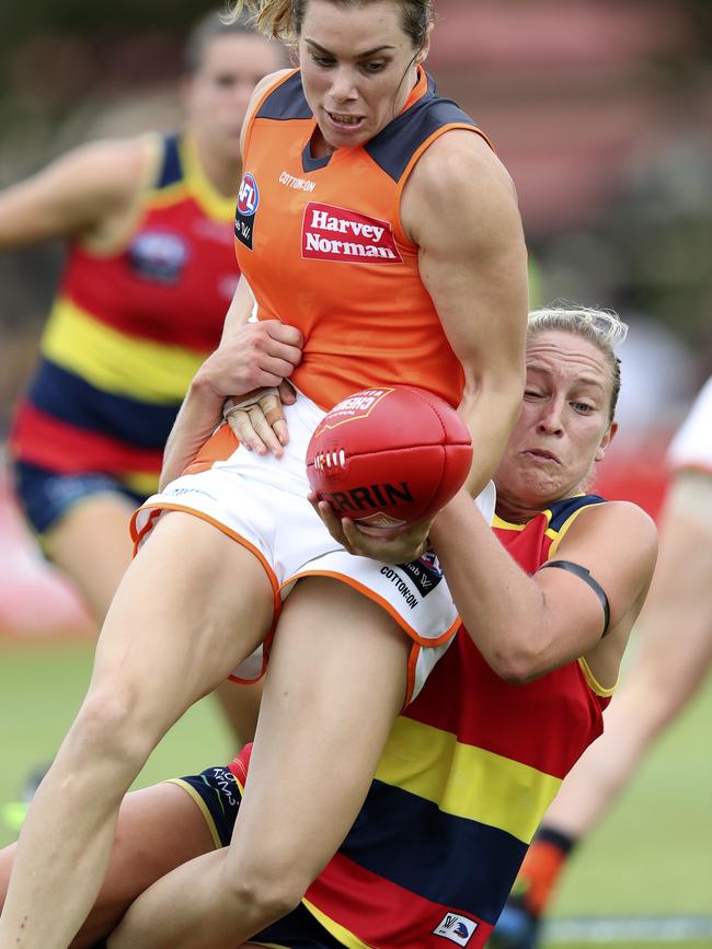 Crows defender Marijana Rajcic brings down GWS’s Jacinda Barclay during Adelaide’s 32-point win over the Giants at Unley Oval. Picture SARAH REED.