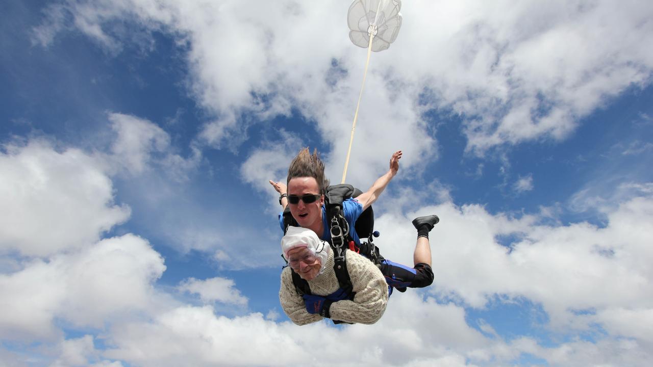 Adelaide’s Irene O’Shea has set a new record as the oldest person ever to jump off a plane. Picture: Bryce Sellick and Matt Teager