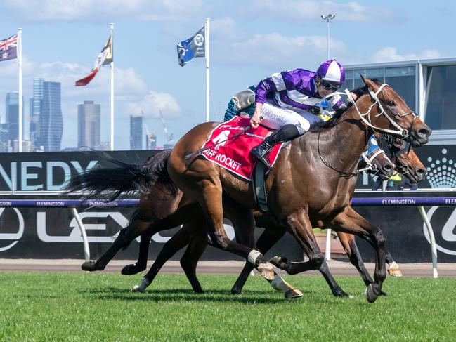 Riff Rocket ridden by James McDonald wins the Penfolds Victoria Derby at Flemington Racecourse on November 04, 2023 in Flemington, Australia. (Photo by Jay Town/Racing Photos via Getty Images)