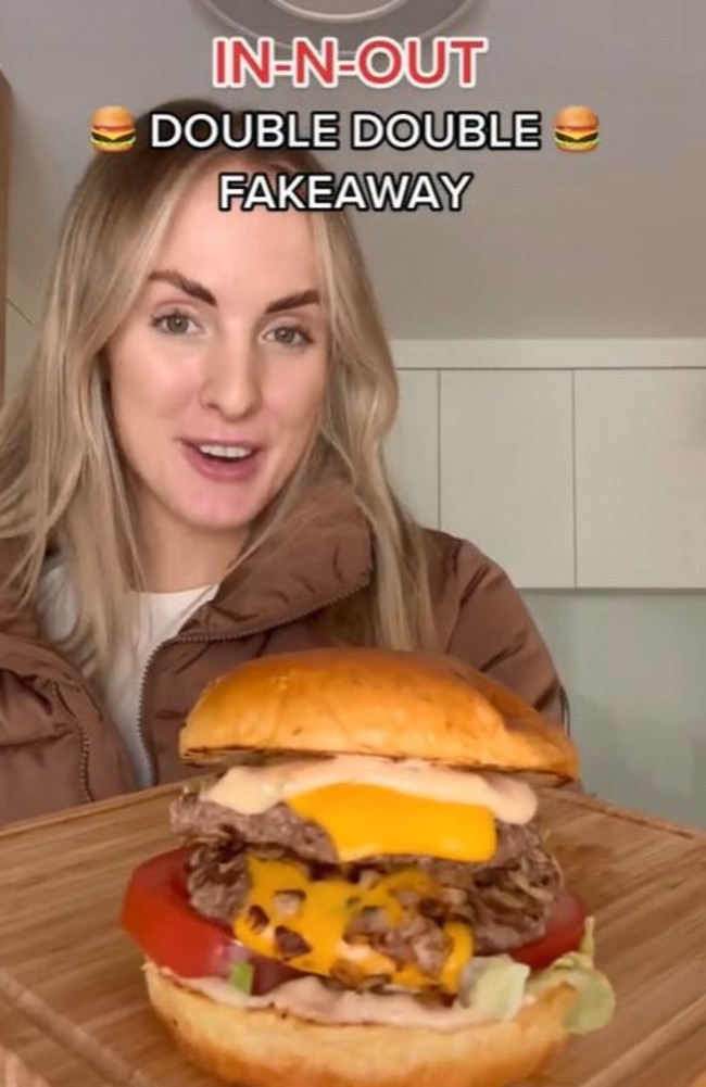 Fitness coach Bec Hardgrave has recreated In-N-Out’s iconic Double Double burger. Picture: TikTok/@bechardgrave