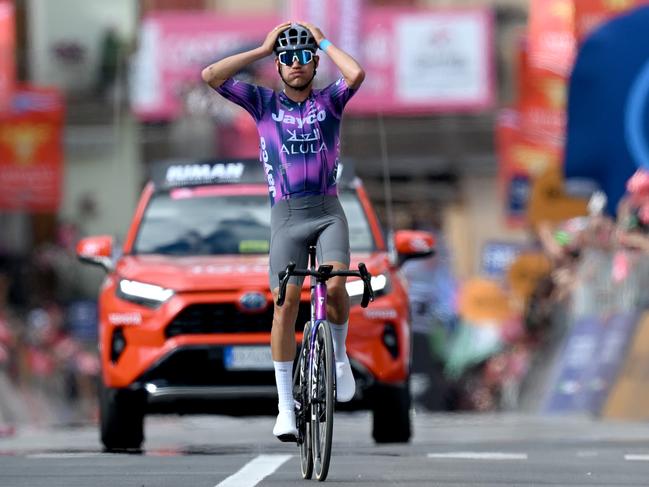 CASTELRAIMONDO, ITALY - MAY 17: Luke Plapp of Australia and Team Jayco AlUla celebrates at finish line as stage winner during the 108th Giro d'Italia 2025, Stage 8 a 197km stage from Giulianova to Castelraimondo / #UCIWT / on May 17, 2025 in Castelraimondo, Italy. (Photo by Tim de Waele/Getty Images)