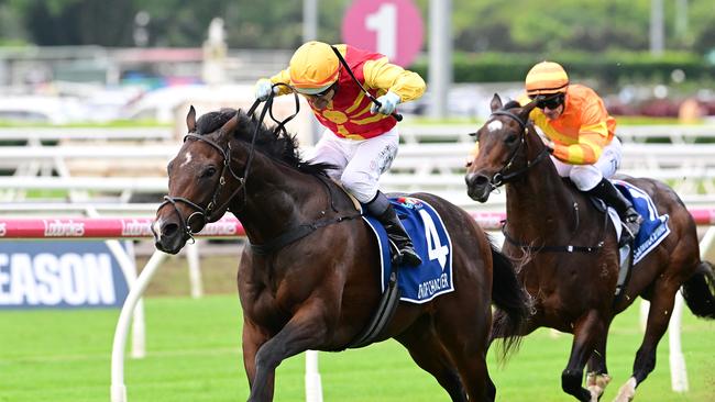 The Annabel and Rob Archibald-trained Depth Of Character taking out the Queensland Guineas on Saturday Picture: Grant Peters / Trackside Photography