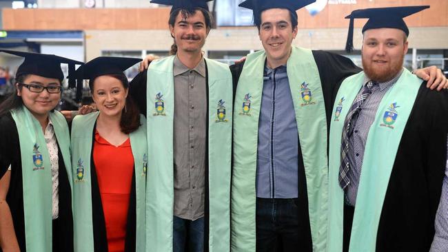 CQUni's December 4 morning graduation ceremony: Nussareen Cheja, Alice Robertson, Isaac Jenkins, Kyle Zulian and Jesse Delandelles. Picture: Jann Houley