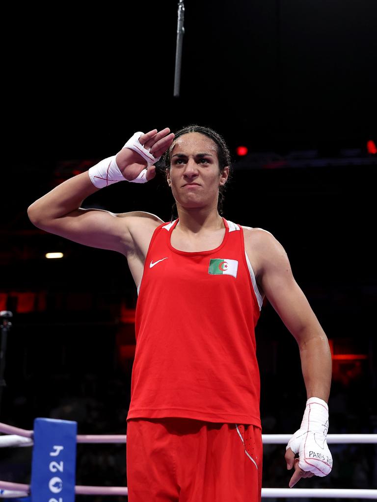 PARIS, FRANCE - AUGUST 03: Imane Khelif of Team Algeria celebrates victory against Anna Luca Hamori of Team Hungary after the Women's 66kg Quarter-final round match on day eight of the Olympic Games Paris 2024 at North Paris Arena on August 03, 2024 in Paris, France. (Photo by Richard Pelham/Getty Images) ***BESTPIX***