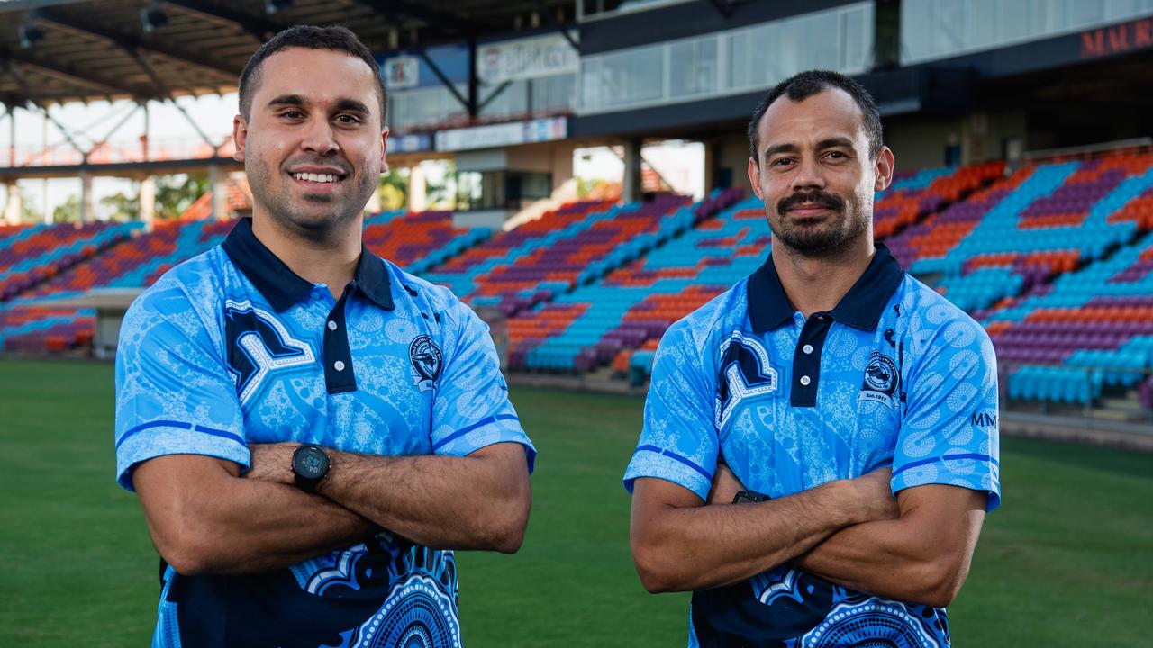 Darwin Buffaloes men’s captain Jarrod Stokes and Tim Eldridge ahead of the 2024-25 NTFL season. Picture: Pema Tamang Pakhrin