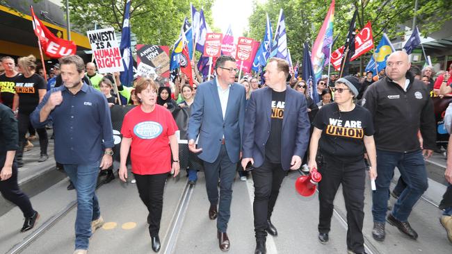 Premier Daniel Andrews marches in the rally. Picture: Alex Coppel