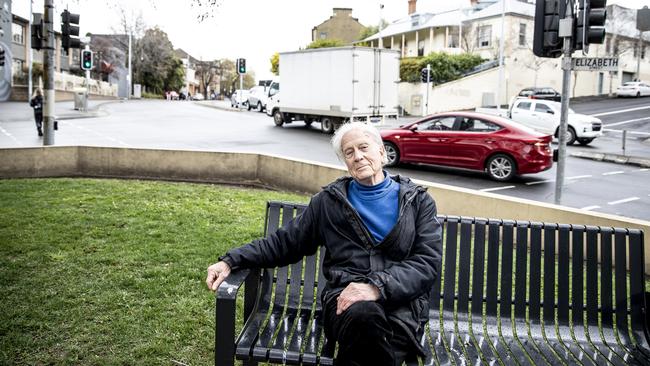 Historian Henry Reynolds on the corner of Warwick and Elizabeth streets, Hobart, where Tongerlongeter met with George Augustus Robinson at his house. Picture: EDDIE SAFARIK