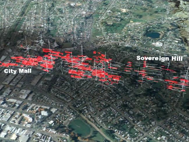 A computer image shows where gold deposits lie beneath Ballarat's main street.