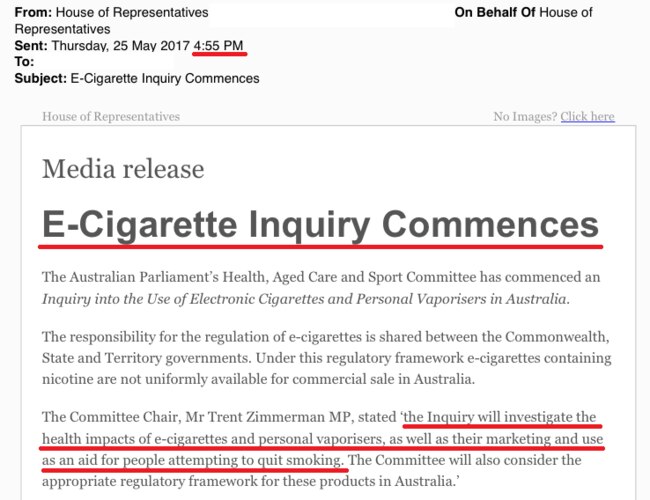 ...and a statement from Liberal MP Trent Zimmerman on electronic cigarettes issued at 4.55pm.