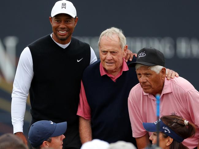 ST ANDREWS, SCOTLAND - JULY 11: Tiger Woods and Lee Trevino of The United States poses for a photo with Jack Nicklaus on the 18th bridge during the Celebration of Champions Challenge during a practice round prior to The 150th Open at St Andrews Old Course on July 11, 2022 in St Andrews, Scotland. (Photo by Kevin C. Cox/Getty Images)