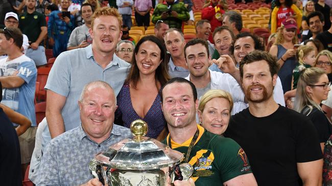 Joel Dark (top left), cousin of Boyd Cordner, with family following the Kangaroos' 2017 Rugby League World Cup final win over England. Picture: Robbie Dolan/NRL Photos