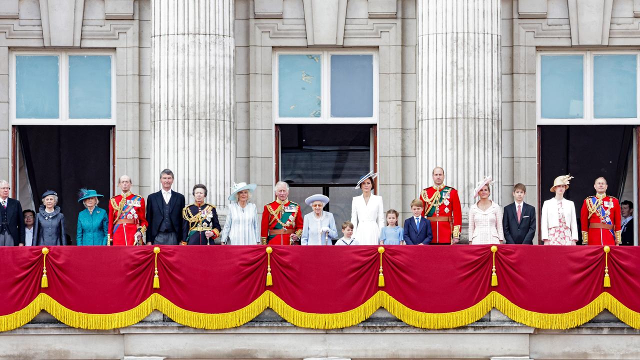 (3L-R) Prince Edward, Duke of Kent, Timothy Laurence, Princess Anne, Princess Royal, Camilla, Duchess of Cornwall, Prince Charles, Prince of Wales, Queen Elizabeth II, Prince Louis of Cambridge, Catherine, Duchess of Cambridge, Princess Charlotte of Cambridge, Prince George of Cambridge, Prince William, Duke of Cambridge, Sophie, Countess of Wessex, James, Viscount Severn, Lady Louise Windsor and Prince Edward, Earl of Wessex on the balcony of Buckingham Palace. Picture: Chris Jackson/Getty Images