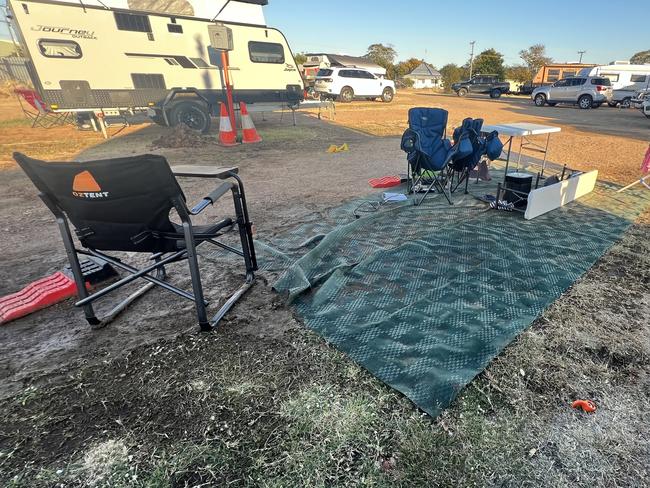 The remains of a family's campsite after their car, and attached caravan, was stolen on Monday night from the Allen Terry Caravan Park in Hughenden