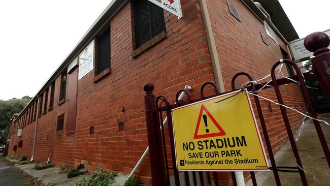 Residents have been protesting against the Percy Treyvaud stadium. Picture: Hamish Blair