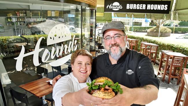 Julianne’s Kitchen owner Julianne Lever and Burger Hounds owner James Ballingall with the “Bun Mi” burger. Pictures: Troy Snook