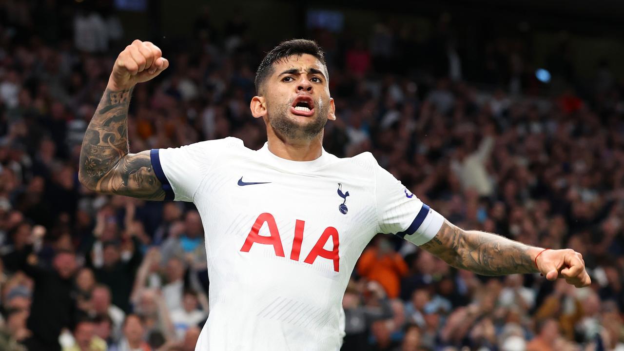 Cristian Romero of Tottenham Hotspur celebrates after Joel Matip of Liverpool (not pictured) scores an own goal. (Photo by Ryan Pierse/Getty Images)