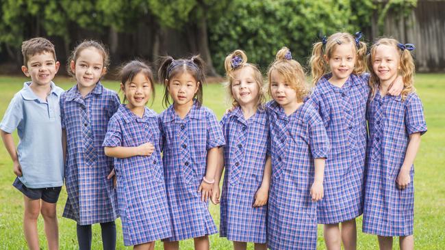 Nicholas and Gabrielle D' Amico, Ava and Emma Chen, Billie and Arabella Dabner and Grace and Lilly Bell can’t wait to start school. The other set of twins couldn’t make the photo.