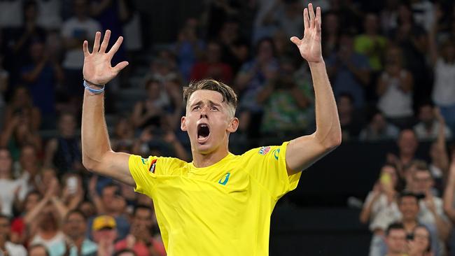 Alex de Minaur celebrates his win over Germany’s Alexander Zverev. Picture: AAP