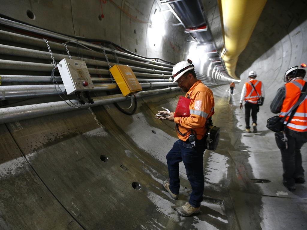 Underground in the North West Rail Link tunnel near Bella Vista. The North West Rail Link is underway and TBM Elizabeth has cut through 1092metres of earth travelling East from Bella Vista. Picture: Bradley Hunter