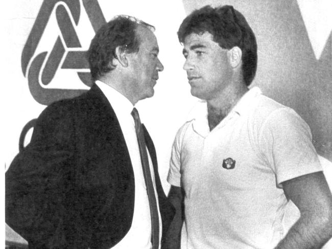 Mike Willesee and Gerard Healy discuss the Sydney Swans Football club in 1988. Picture: News Corp