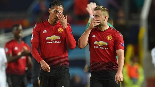 Manchester United defenders Chris Smalling and Luke Shaw. Picture: AFP