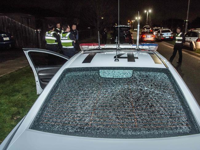 A smashed police windscreen in Taylors Hill. Picture: Jason Edwards