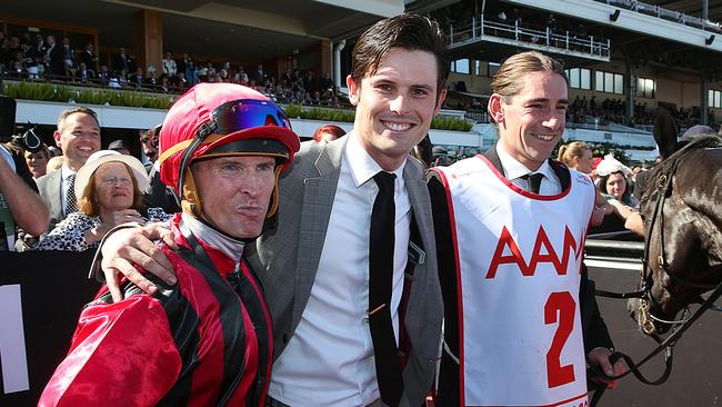 Pedigree for success: Winning trainer James Cummings and jockey Glyn Schofield after Prized Icon won the Victoria Derby. Picture: Ian Currie