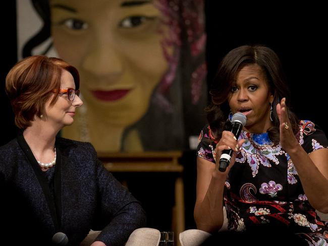 Julia Gillard on stage with Michelle Obama gave advice to young girls on how to get into law. Picture: Matt Dunham.