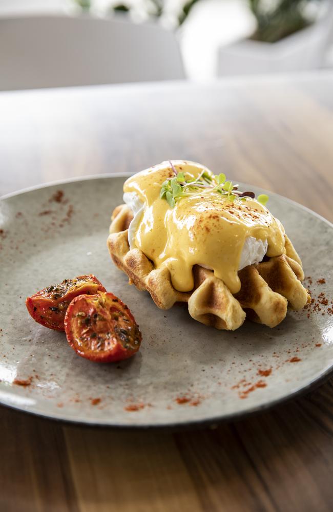 Ninebar &amp; Kitchen’s waffle eggs Benedict. Picture: Mark Cranitch