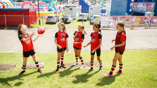 Maroubra Saints players Marnie Laurence, Eve Mahoney, Lucy Ballesty, Sienna Sharpe and Lella Doyle want the Moore Park oval. Picture: Tim Pascoe