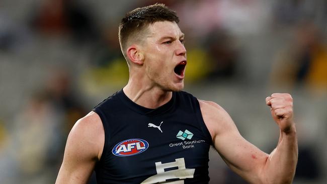 MELBOURNE, AUSTRALIA - JUNE 30: Sam Walsh of the Blues celebrates a goal during the 2024 AFL Round 16 match between the Richmond Tigers and the Carlton Blues at The Melbourne Cricket Ground on June 30, 2024 in Melbourne, Australia. (Photo by Michael Willson/AFL Photos via Getty Images)