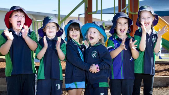 Tullawong Primary School prep students are back at school after COVID-19 restrictions are eased. Preppies Darcy, Zander, Fleur, Abigail, Seth and Amity. June 17, 2020. Picture: Renae Droop