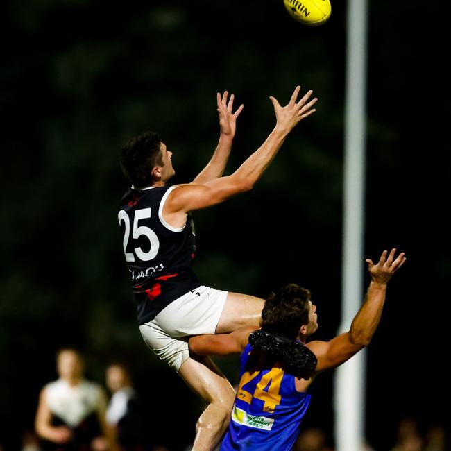 Ringwood’s Josh Meerkotter soars. He finished with two goals. Picture: Field of View Photography