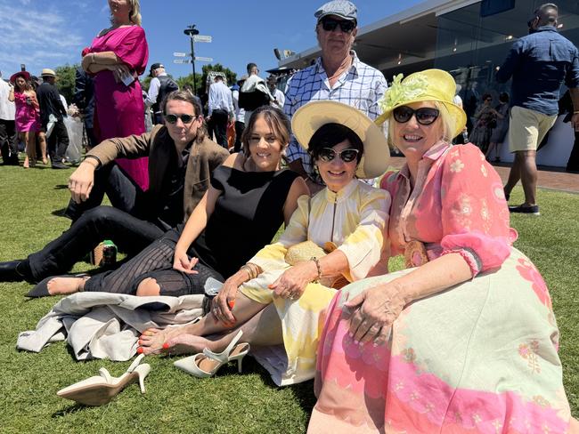 Josh Sims, Hayley Sims, Mark Sims, Karen Sims and Anne Valinoti at the Melbourne Cup at Flemington Racecourse on November 5, 2024. Picture: Phillippa Butt