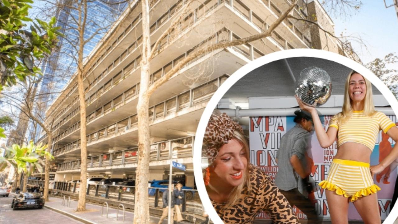 The Parkade carpark at 34-60 Little Collins St, Melbourne, where a free roller disco - including a performance by the The Malt Shop Rollers - was held during the Covid pandemic. Inset picture: David Caird.