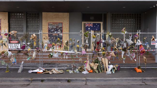 Floral tributes outside the Adass Israel synagogue following the terrorist attack on December 6. Picture: NewsWire / Diego Fedele