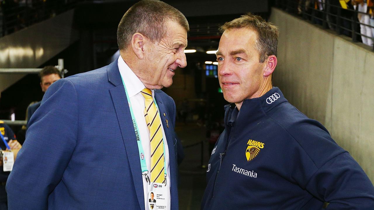 Jeff Kennett and Alastair Clarkson had hot and cold relationship while working together at the Hawks. Picture: Getty Images