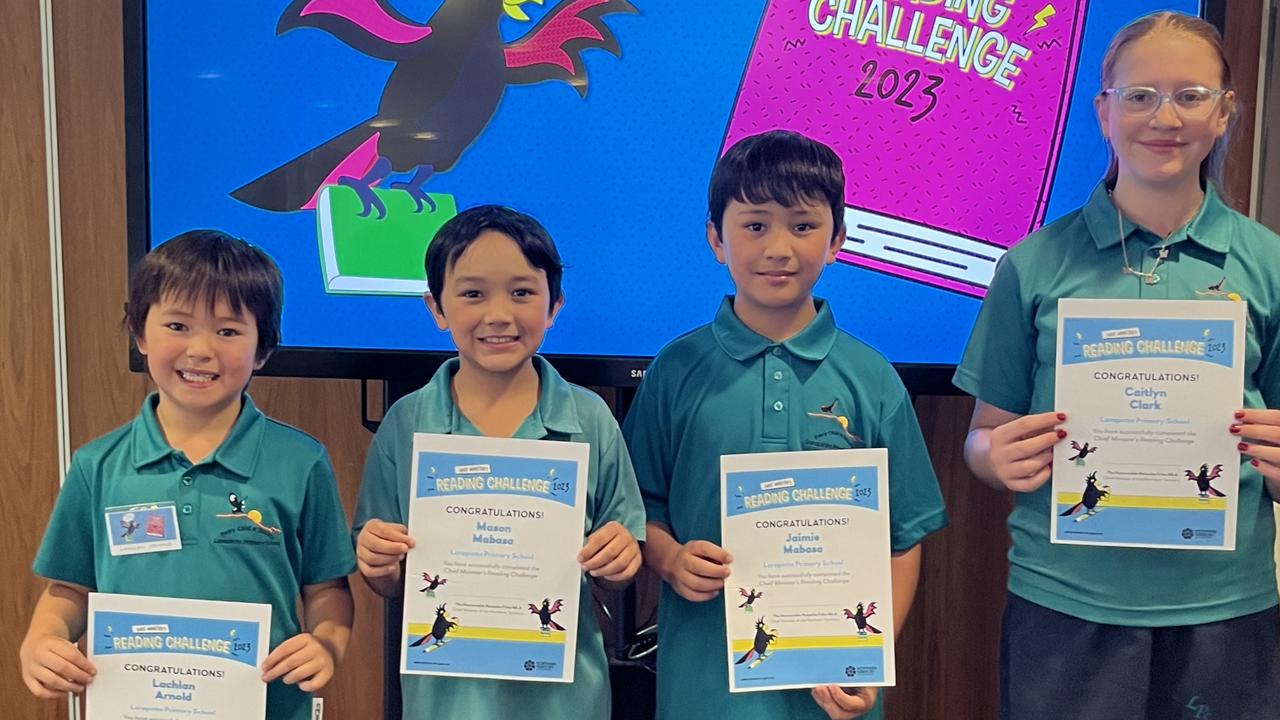 Students of Larapinta Primary School celebrate completion of the 2023 Chief Minister's Reading Challenge and had the most students take part. Picture: File