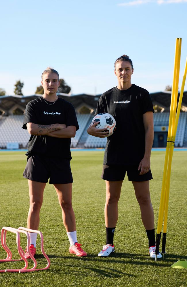 Matildas Emily Gielnik and Chloe Logarzo have launched a new football clinic for young girls looking to grow their skills. Photo: Supplied