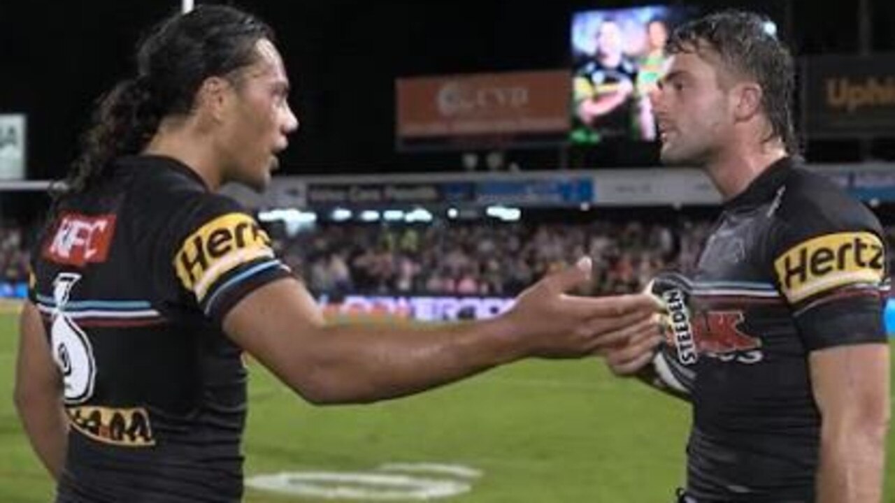 Jarome Luai and Jaeman Salmon exchanged words after Friday’s loss, but teammates say they’re not worried. Picture: Channel 9