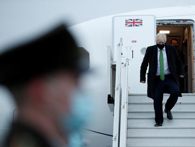 British Prime Minister Boris Johnson disembarks an aircraft as he arrives at Kiev Airport on February 1 in Ukraine. Picture: Getty